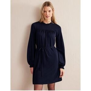 BODEN Easy Yoke Ruffle Trim Tie Waist Mini Jersey Dress Navy Blue Anthropologie